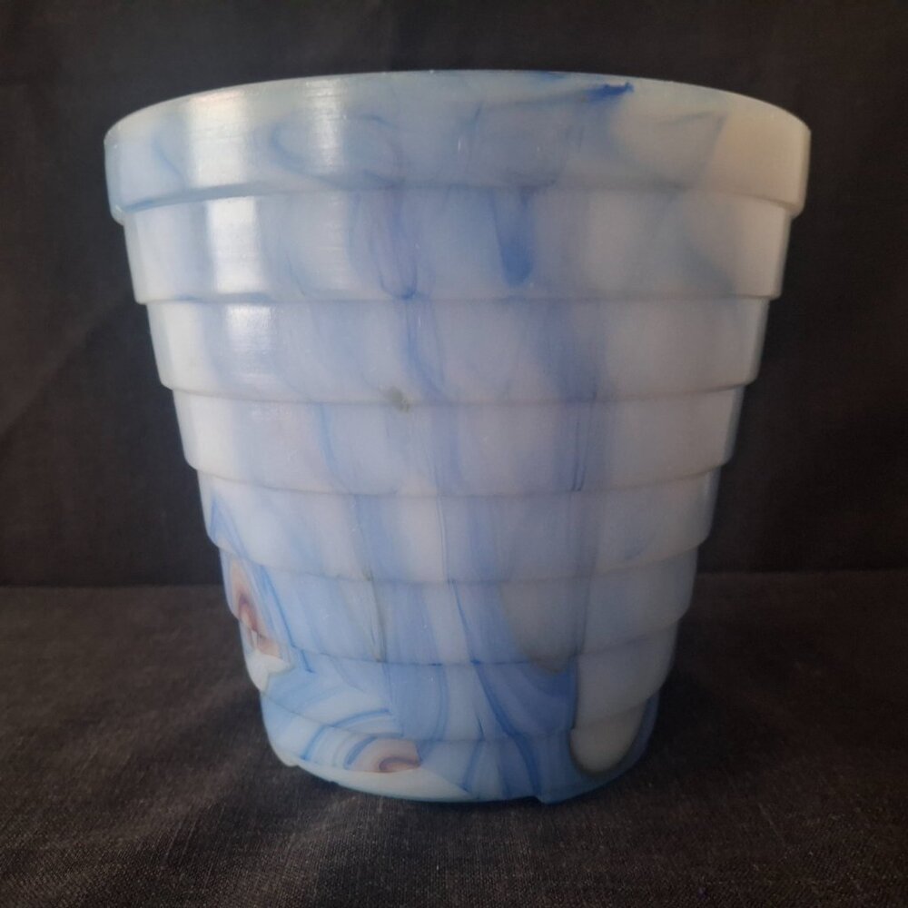 Vintage Akro Agate Blue Oxblood Marbled Slag Glass Flower Pot Stacked Disc 5"